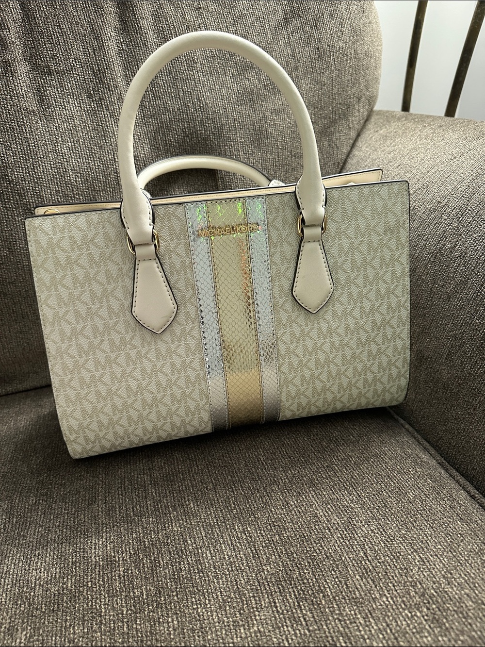 Michael Kors Cream Logo Satchel with Metallic Stripe Accents